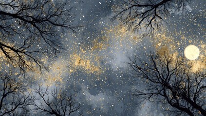 Night sky view through bare trees, gold stardust