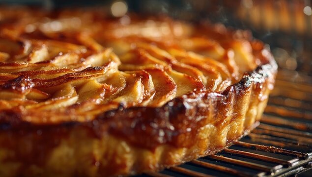 Close-up of a golden-brown apple tart, freshly baked on a wire rack