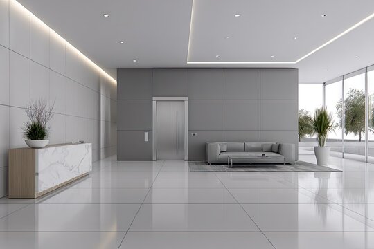 Modern office lobby with light gray walls, white tile floor, and a muted gray sofa