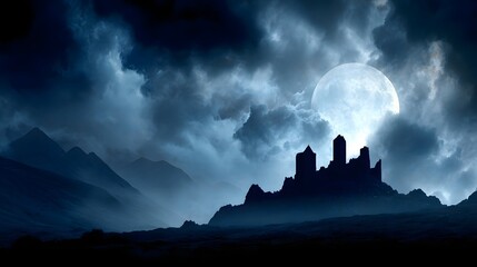 Silhouetted castle on a misty mountain range at night under a full moon.