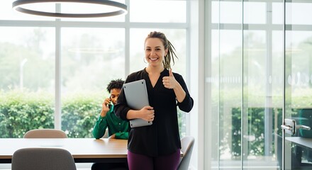 Businesswoman Thumbs Up with Tablet in Modern Office Space  Teamwork Collaboration Success Meeting Room Interior Design