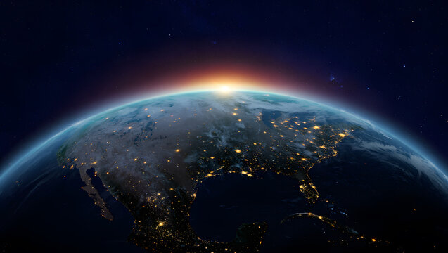 North America at Dawn:  Satellite View of City Lights and Sunrise from Space, Dramatic Night to Day Transition.