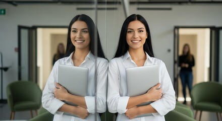 Businesswoman with Laptop Reflection Smiling Confidently in Modern Office Space  Professional Portrait Stock Photo