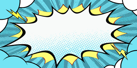 Explosion comic book speech bubble with lightning bolt and halftone pattern