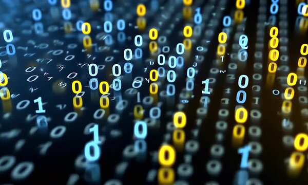 Abstract background with blue and yellow binary code, light rays, and a digital data stream on a dark backdrop. A digital technology concept with glowing dots 