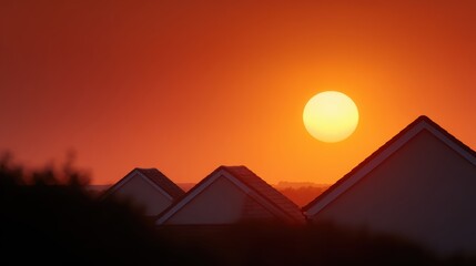Conceptual image of a rising sun over a new housing estate, new opportunities. Growth, prosperity. Bright.
