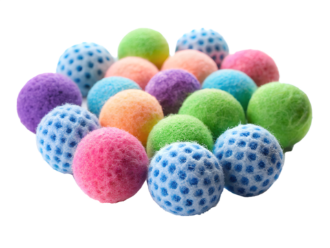 A collection of colorful fuzzy balls with dot patterns, isolated on transparent background
