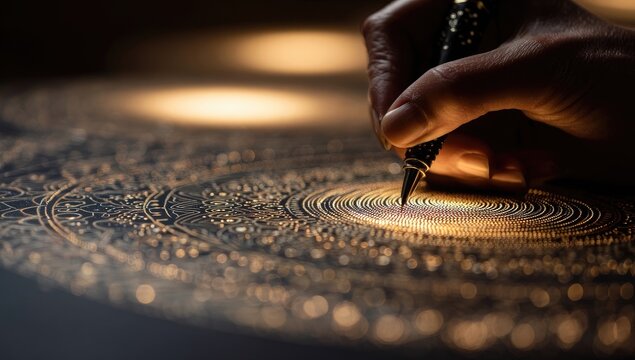 Hand-drawn intricate mandala art, detailed gold design