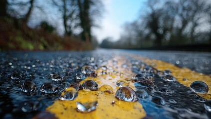 Fototapeta premium Close-up of raindrops on a road, yellow line