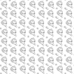 Seamless pattern with outline of coffee cup, macaroon and chamomile on pastel pink white background for coffee theme.