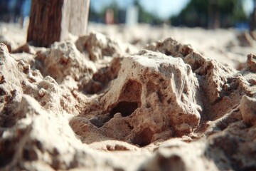 Close-up of textured, light beige sand with a rocky protrusion
