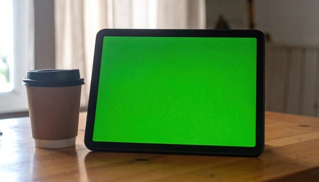 Tablet with green screen and coffee - Powered by Adobe