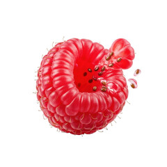 Extreme macro of a perfectly ripe crimson raspberry bursting, revealing glistening drupelets, ruby-red liquid, dark seeds on a seamless transparent background. Concept of intricate natural beauty