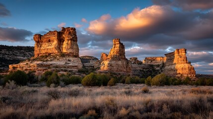 Obraz premium Sandstone buttes bathed in golden light at dawn.