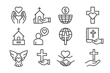 Christian symbols collection: church, cross, bible, dove, heart, globe icons