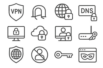 Cybersecurity icons set: vpn, dns, encryption, privacy symbols with locks