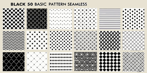 Collection of 50 black and white seamless geometric patterns