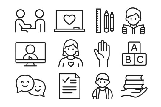 Set of education icons featuring students, books, and learning tools