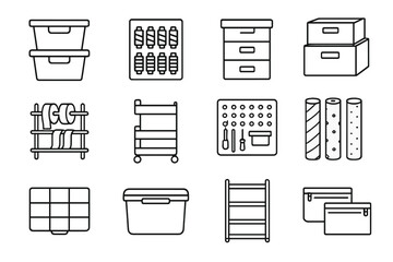 Icons of storage solutions: boxes, shelves, organizers, containers, racks