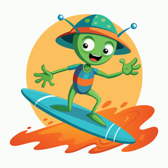 Obraz premium Ocean Surfing Alien Cartoon