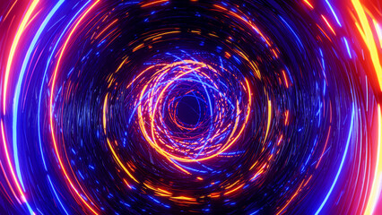 Flying through flashing rings. 3D rendering illustration.