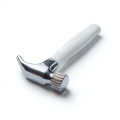 A small, white emergency hammer car safety tool, isolated on a pure white background. Vehicle emergency, escape.
