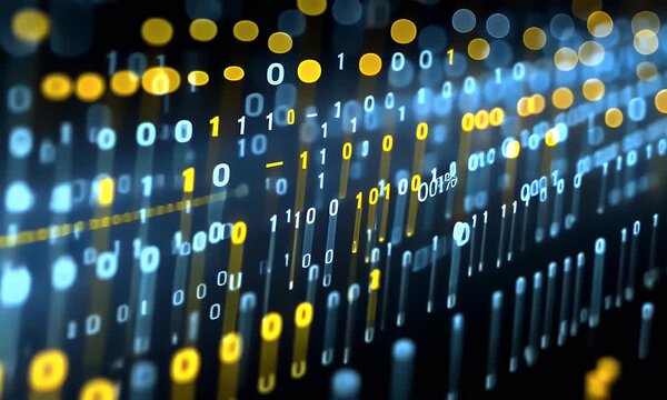 Abstract background with blue and yellow binary code, light rays, and a digital data stream on a dark backdrop. A digital technology concept with glowing dots 