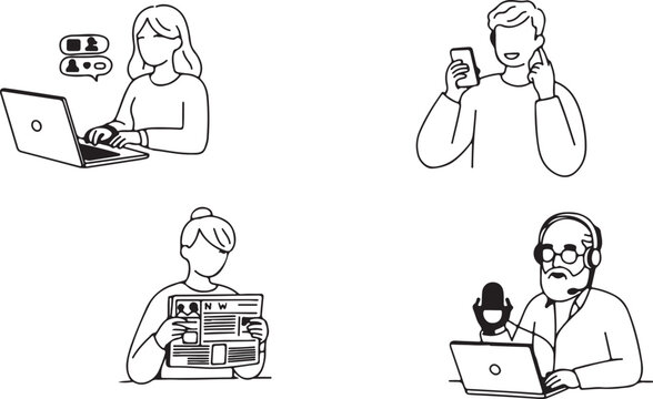 Hand Drawn Illustrations of People Using Technology and Media communication