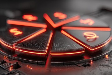 Circular, segmented tech device with glowing red lines