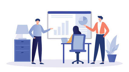 Obraz premium People presenting business data with a chart and a pie graph in a bright office setting illustration