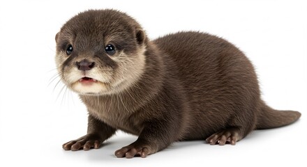 愛らしい子カワウソ 柔らかな毛並み 白い背景 穏やかな光. AI Generated
