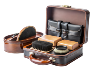 Leather shoe care kit with brushes and polish in a suitcase isolated on transparent background