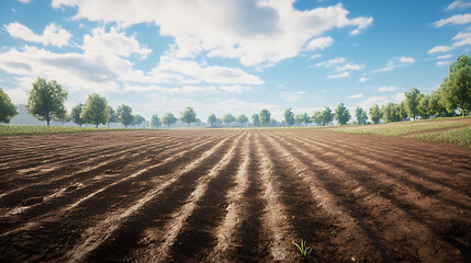 Plowed field under sunny sky