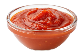 Thick red tomato sauce or ketchup in clear glass bowl, smooth creamy texture condiment, isolated on a transparent background