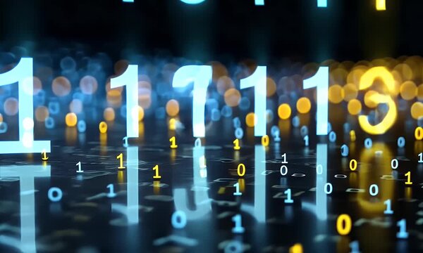 Abstract background with blue and yellow binary code, light rays, and a digital data stream on a dark backdrop. A digital technology concept with glowing dots 