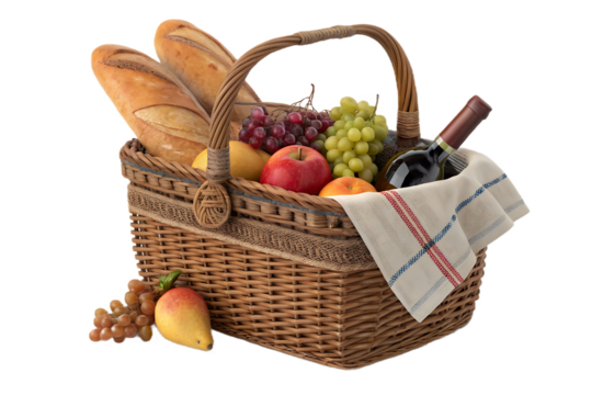 Traditional picnic basket with baguettes, grapes, wine, apples, cheese, linen cloth draped over edge, isolated on a transparent background