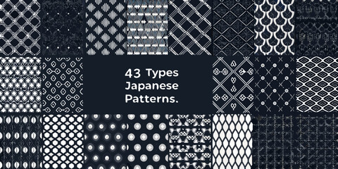 Collection of 43 diverse japanese geometric patterns in dark tones
