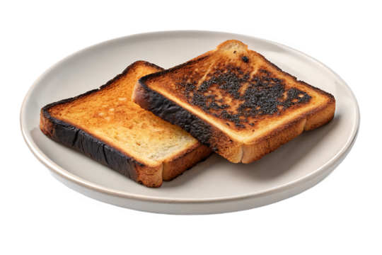 Two slices of burnt toast, one darker than the other, showing charred surfaces on white plate, isolated on a transparent background