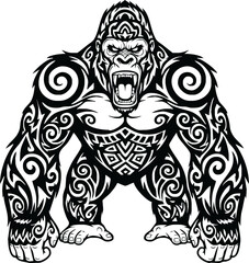 Powerful gorilla illustration, adorned with intricate tribal tattoos, roaring fiercely.