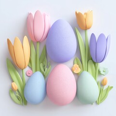 Pastel Easter eggs and flowers arranged on a light background