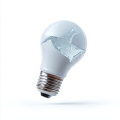 A stylized white light bulb with a broken glass, isolated on a pure white background. Broken idea, shattered concept.