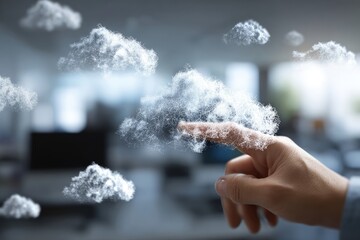 Finger interacting with floating clouds, office background