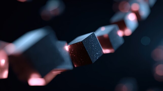 Blockchain network visualized with interconnected glowing blocks, secure transactions. Cryptocurrency, decentralization. Dark, futuristic.