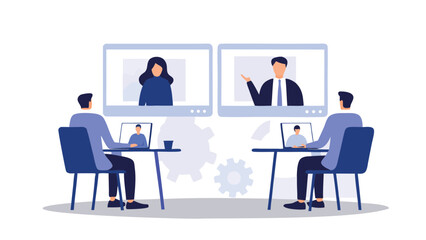 Fototapeta premium Two people attending a video conference call with two people on screen in a virtual meeting setup