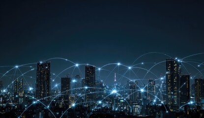 Night cityscape with glowing network connections