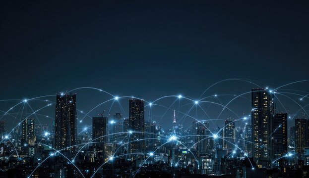 Night cityscape with glowing network connections