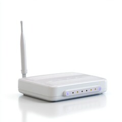 A pristine white Wi-Fi router, isolated on a pure white background. Internet, connectivity.