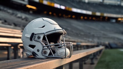 Obraz premium White football helmet rests on stadium bleachers