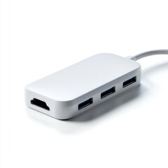 A generic white USB-C hub, isolated on a pure white background. Connectivity, expansion.