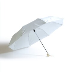A plain white travel size umbrella, isolated on a pure white background. Weather protection, compact.